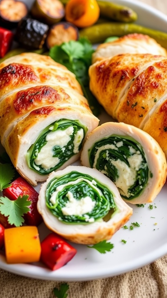Spinach feta stuffed chicken breasts sliced open, revealing green spinach and white feta, served with roasted vegetables.